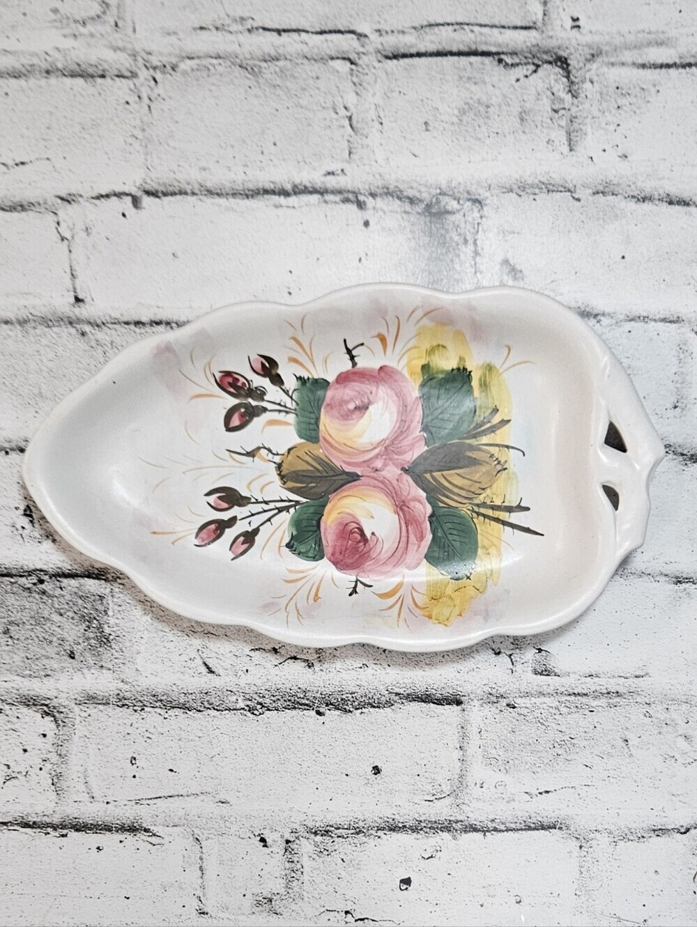 Vintage Hand Painted Floral Ceramic Serving Tray Pink Roses Made in Italy